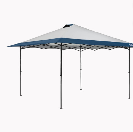 Portable canopy tent with blue and white canopy on a white background